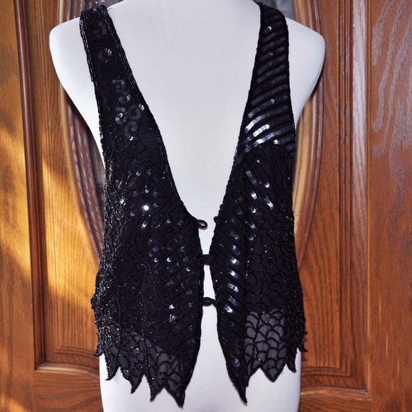 Silence + Noise Black Beaded and Sequin Sleeveless Loop Button Vest - Picture 1 of 9